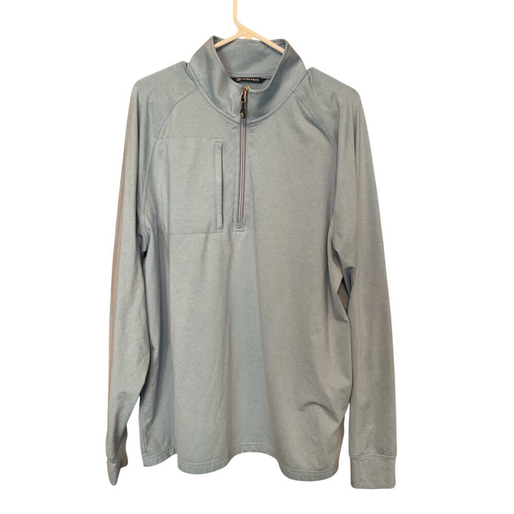 Cutter & Buck Adapt Eco Knit Heather Quarter Zip Pullover. Blue. Size XL